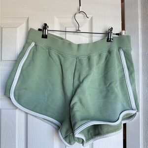 AERIE OFFLINE Fleece Shorts Green and White Loungewear Pajama Bottoms Stripey L